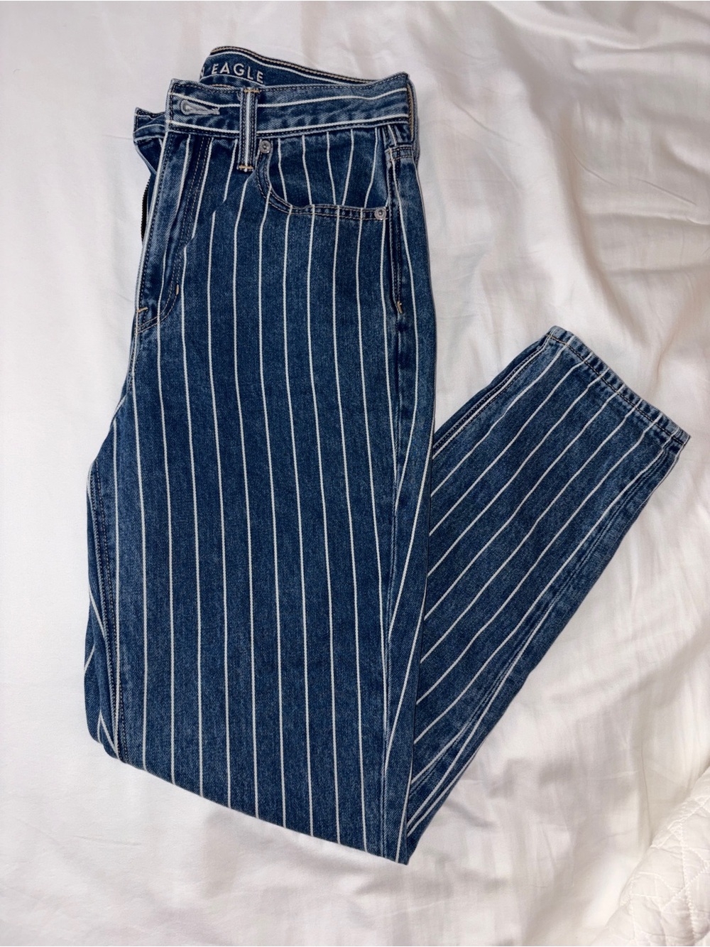 American Eagle Navy Blue Pinstripe High-Waist Mom Jeans